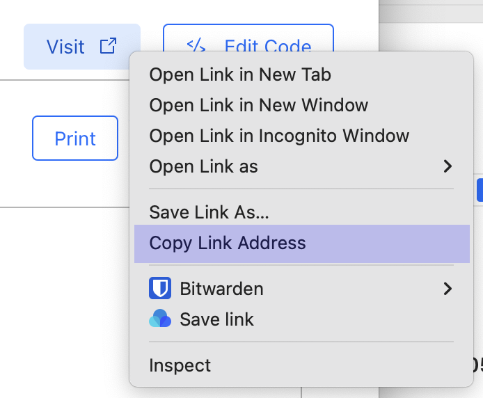 A screenshot of the Cloudflare dashboard showing a link with the text Visit, and the browser right click menu with Open Link Address highlighted