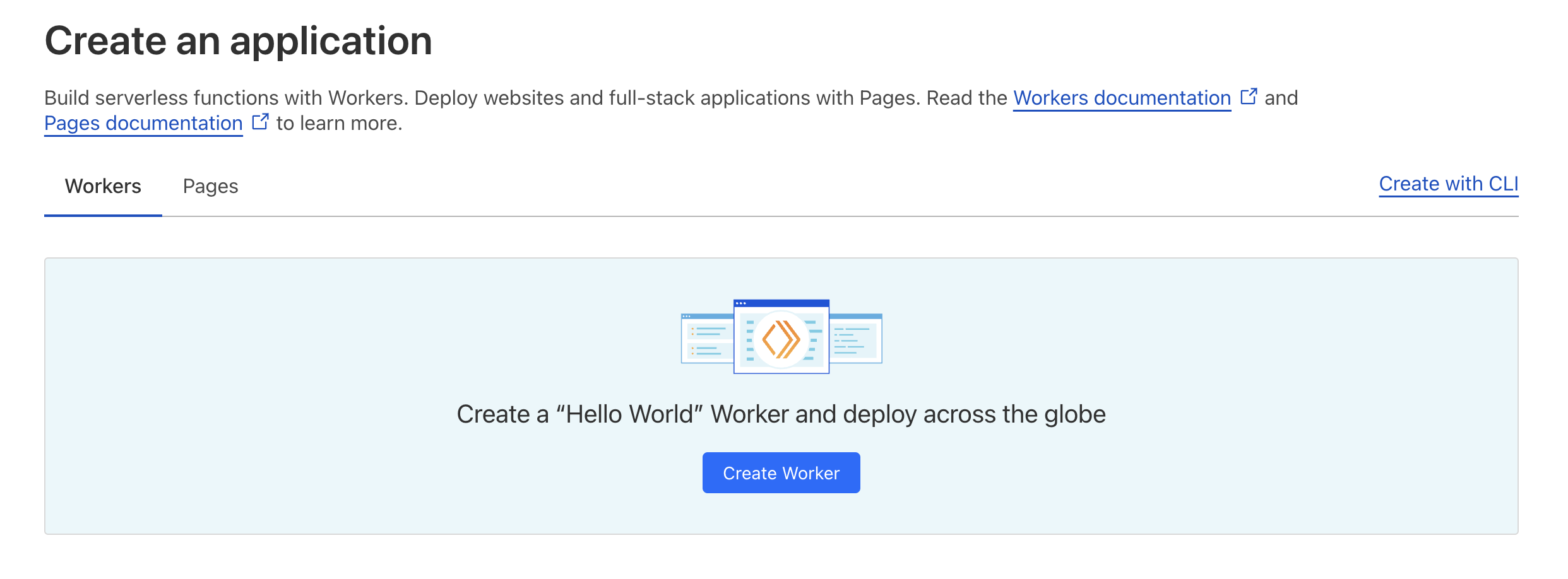 A screenshot of the Cloudflare dashboard showing an empty Create an application screen