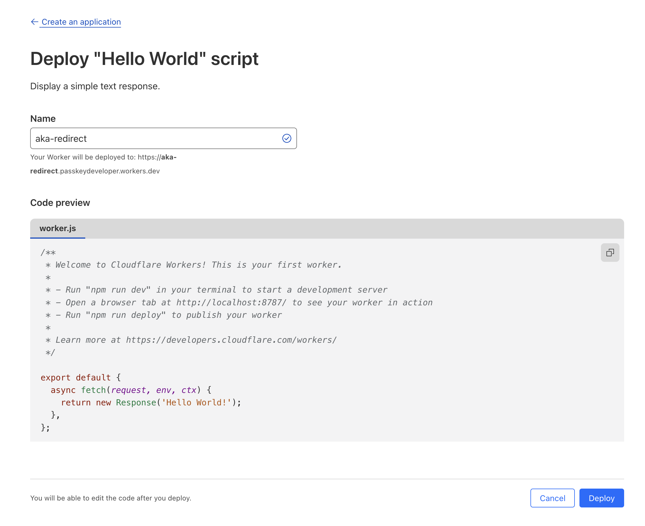 A screenshot of the Cloudflare dashboard showing the confirmation screen prior to deployment of a worker