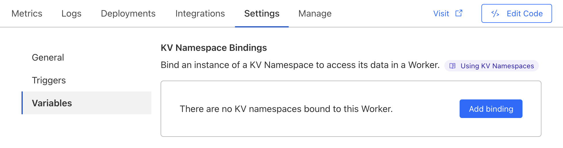 A screenshot of the Cloudflare dashboard showing the Settings menu for the worker with a left menu with Variables selected and a section showing KV Namespace Bindings and a Add binding button