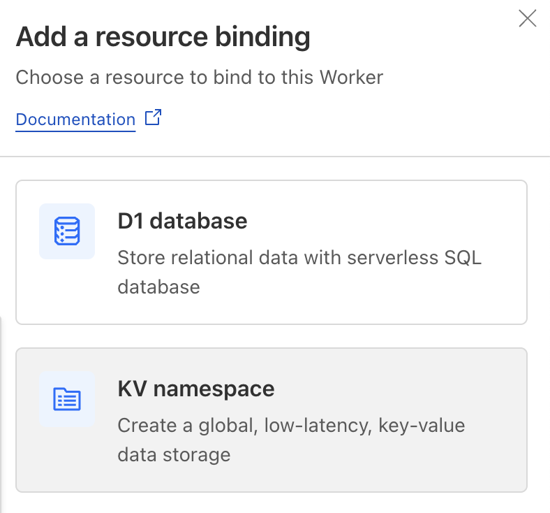 A screenshot of the Cloudflare dashboard slideout menu showing a header called Add a resource binding and an option called KV Namespace highlighted